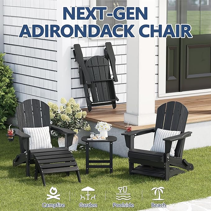 Outdoor Folding Adirondack Chair Set of 1 for Patio Fire Pit, Wooden Textured HDPE Adjustable Chairs with Cup Holder, Waterproof All Weather Resistant Plastic for Pool Lawn Garden Backyard(Black)
