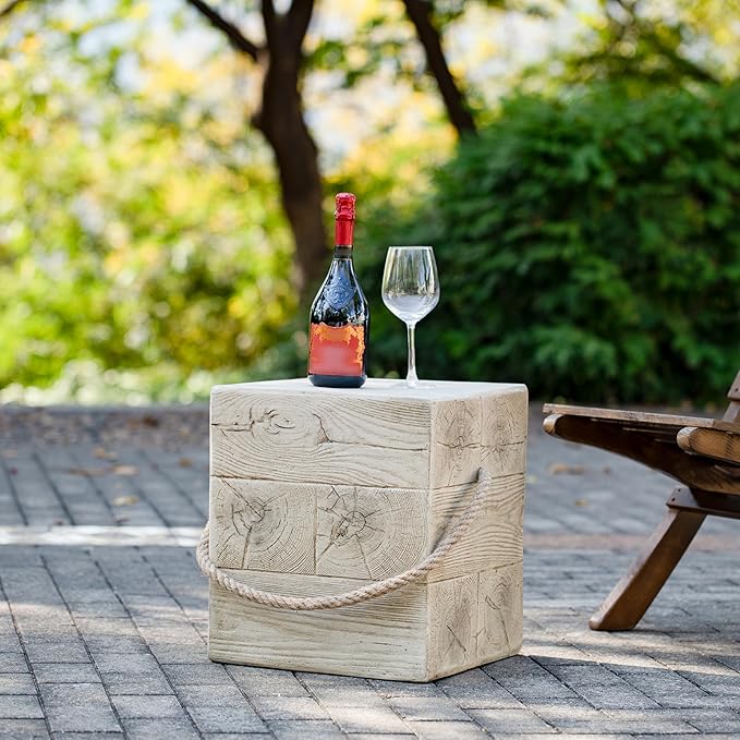 Outdoor Side Table Concrete End Table Faux Stump Side Tables with Braided Cord Small Square Coffee Tables for Indoor Outdoor, Garden Stool Plant Stand for Porch, Patio,Cement Gray