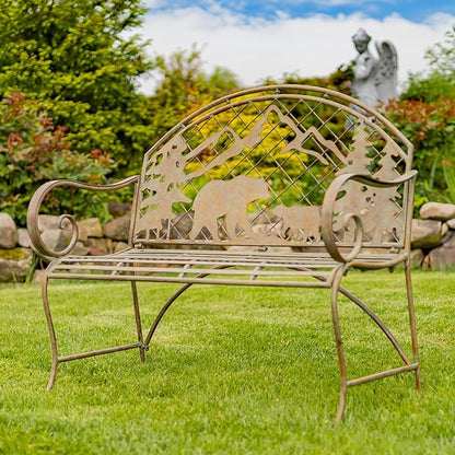 Classic Iron Garden Bench with Nature Scenery (Grizzly Bear & Mountain in Green)