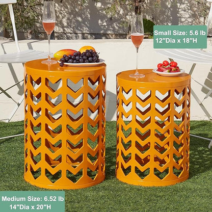 Y&M Set of 3 Metal Round Table, Coffee Table End Table for Indoor Outdoor Multifunctional Use, Heavy Duty Metal Plant Stand Decorative Garden Stool- Orange
