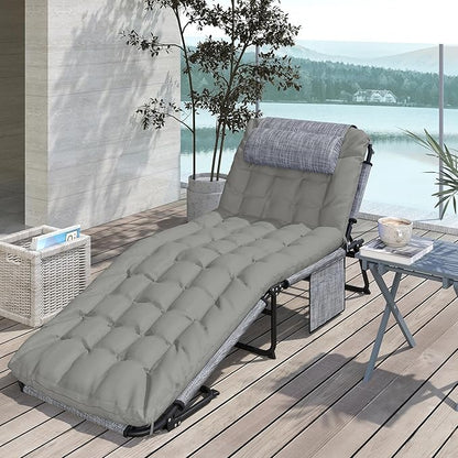 Outsunny Folding Chaise Lounge with 4-Level Reclining Back, Outdoor Tanning Chair with Cushion, Outdoor Lounge Chair with Breathable Mesh Fabric, Side Pocket, Headrest, Gray
