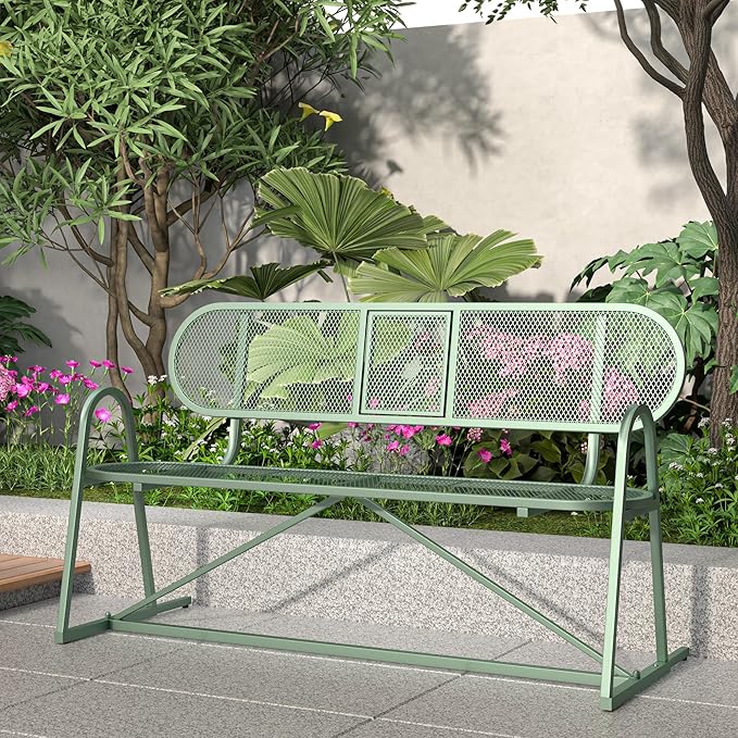Outdoor Bench, Metal Mesh Garden Bench with Foldable Middle Table, 55" Weather Resistant Patio Park for 2-3 People, Decorative Porch Chair for Yard, Deck, and Lawn, Sage Green