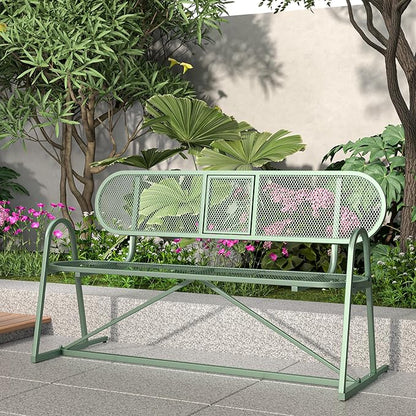 Outdoor Bench, Metal Mesh Garden Bench with Foldable Middle Table, 55" Weather Resistant Patio Park for 2-3 People, Decorative Porch Chair for Yard, Deck, and Lawn, Sage Green