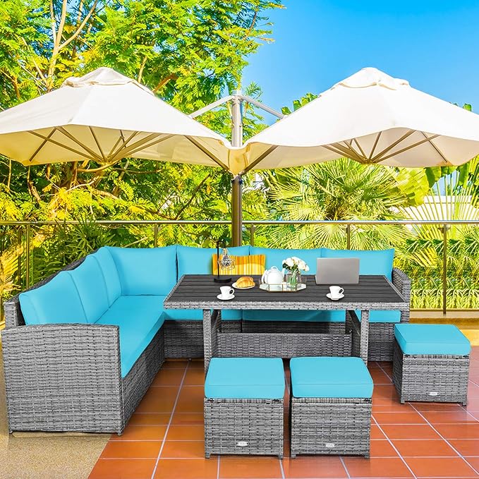 COSTWAY 7 PCS Wicker Outdoor Conversation Set, Patio Sectional Furniture Sofa Set with Table & Seat Cushions, Rattan Furniture Sets for Backyard Garden Poolside Porch, Turquoise