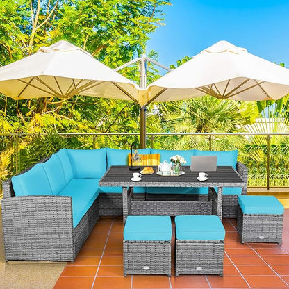 COSTWAY 7 PCS Wicker Outdoor Conversation Set, Patio Sectional Furniture Sofa Set with Table & Seat Cushions, Rattan Furniture Sets for Backyard Garden Poolside Porch, Turquoise