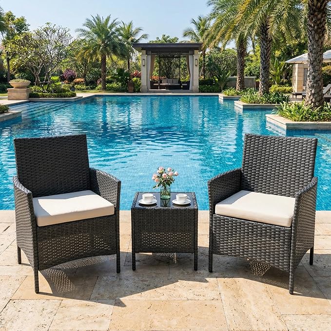 GarveeHome 3-Piece Patio Bistro Set, PE Rattan Outdoor Conversation Furniture with 2 Cushioned Chairs & Coffee Table - Photo 1