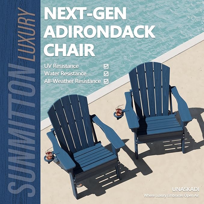 Folding Adirondack Chair Set of 2 with Cup Holders & Ottomans, HDPE All Weather Resistant Plastic Outdoor Patio Chairs - Photo 4