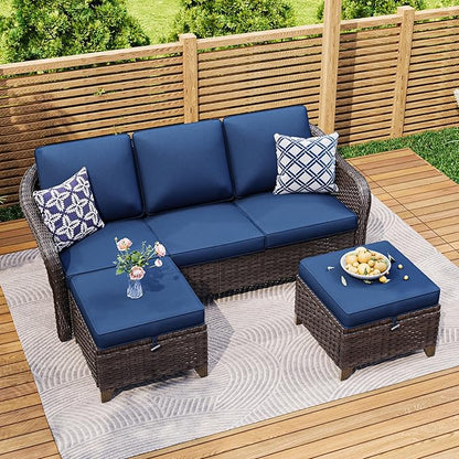3 Pieces Patio sectional Sofa Set, Outdoor Conversation Furniture Set, 78" 3-Seat Couch with 2 Ottomans, 47" Metal Coffee Table, Rattan Wicker Sofa with Washable Cushions (Navy Blue)