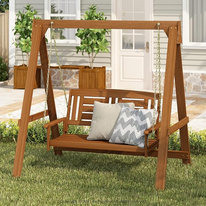 Furinno TIOMAN Porch Swing, Outdoor Hanging Wooden Swing with Stand in Teak Oil, Light Wood - Photo 3
