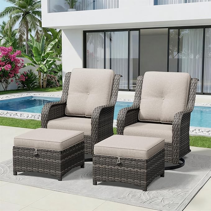4 Piece Outdoor Wicker Patio Furniture Set, Outdoor Swivel Rocker Patio Chairs Set with Thickened Olefin Cushions - Photo 1