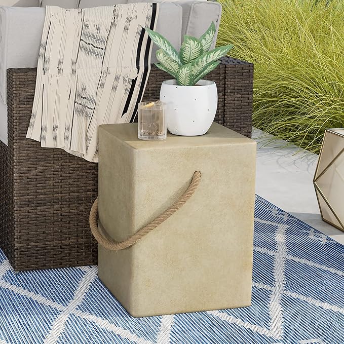 COSIEST Set of 2 Concrete Side Table, Rectangular Outdoor Side Table w Hemp Rope Handles - Photo 2