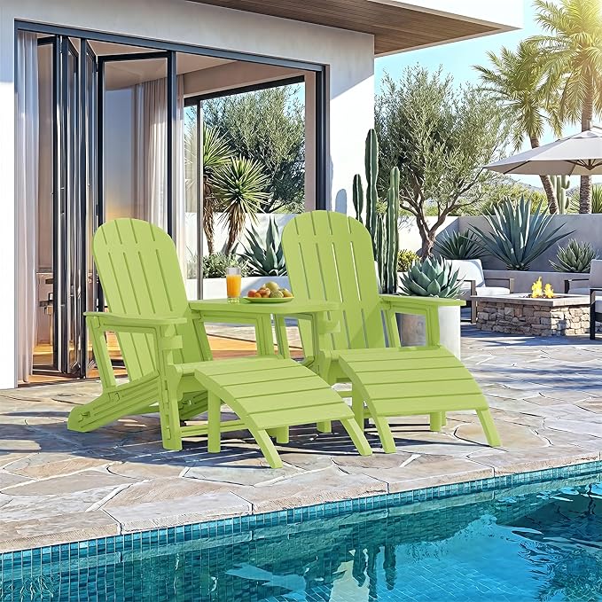 Vongrasig Adirondack Chairs Set of 2 with Removable Tabletop and Footrest, All-Weather HDPE Outdoor Chair Set with Wooden Textured, Cup Holder for Patio, Poolside, Deck, Garden, Green