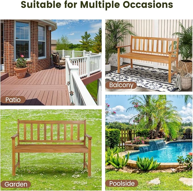 Wooden Garden Bench, Outdoor Bench Acacia Wood with Slatted Seat, Comfy Backrest & Armrest, 2-Person Loveseat Patio Bench for Porch Balcony Backyard Park, 800 LBS Max Load (48” x 22" x 34")