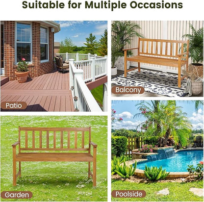 Wooden Garden Bench, Outdoor Bench Acacia Wood with Slatted Seat, Comfy Backrest & Armrest, 2-Person Loveseat Patio Bench for Porch Balcony Backyard Park, 800 LBS Max Load (48” x 22" x 34")