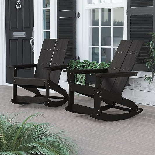 Flash Furniture Finn Modern Commercial Poly Resin Wood Adirondack Rocking Chair - All Weather Black Polystyrene - Dual Slat Back - Stainless Steel Hardware - Set of 2