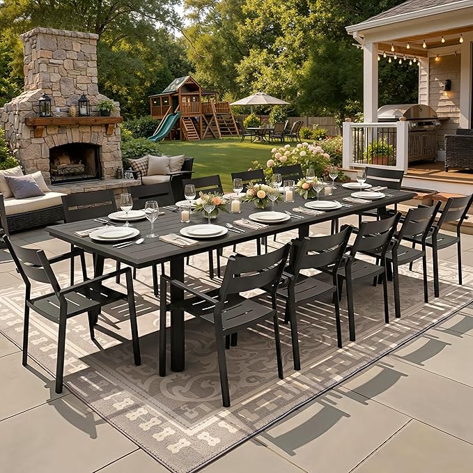118" Aluminum Patio Dining Table with Umbrella Hole, Rectangle All-Weather Outdoor Table for 10 Slatted Design for Lawn - Photo 3