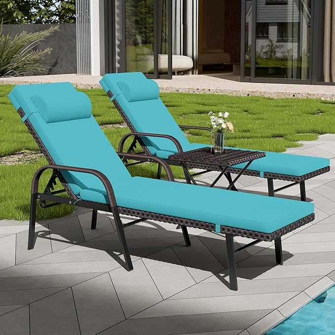 Patio Chaise Lounge Set 3 Pieces Outdoor Lounge Chair with Rattan Adjustable Backrest Armrest and Folding Table for Beach Patio,Sand, for Poolside Backyard Porch