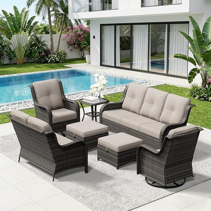 7 Piece Outdoor Wicker Patio Furniture Set, Outdoor Swivel Rocker Patio Chairs Set with Thickened Olefin Cushions - Photo 9