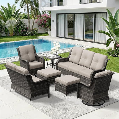 7 Piece Outdoor Wicker Patio Furniture Set, Outdoor Swivel Rocker Patio Chairs Set with Thickened Olefin Cushions, High Back and Deep Seating, Hand-Woven PE Rattan for Porch, Deck