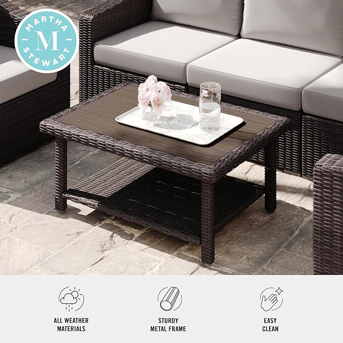 Martha Stewart Bedford Indoor-Outdoor Patio Coffee Table with Lower Shelf, Faux Wood Top, and Rattan Wicker Finish in Brown