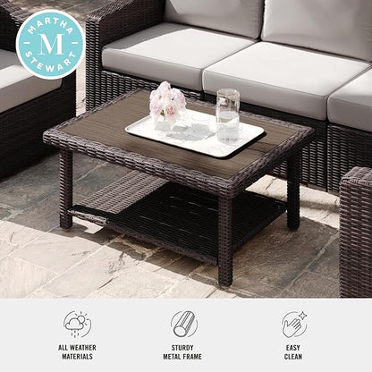 Martha Stewart Bedford Indoor-Outdoor Patio Coffee Table with Lower Shelf, Faux Wood Top, and Rattan Wicker Finish in Brown