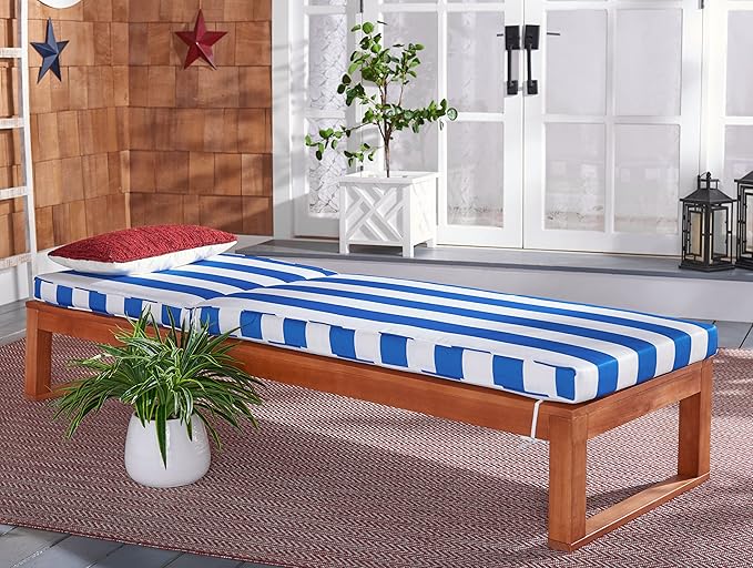 SAFAVIEH Outdoor Collection Solano Natural Brown Solid Wood/Royal Blue & White Stripe Cushion Patio Adjustable Chaise - Photo 10