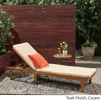 Great Deal Furniture Yvette Outdoor Acacia Wood Chaise Lounge and Cushion Set, Teak and Cream, 309788