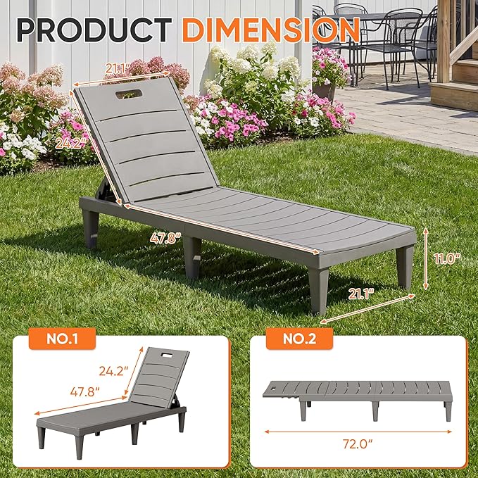 Homall Patio Chaise Lounge Chairs Set of 2, Outdoor Lightweight Lounge Chairs, 5 Position Adjustments Backrest for Outside Pool, Garden, Patio and Beach, Light Brown