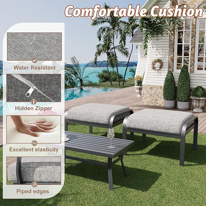 HOMREST Metal Outdoor Ottoman, 3-Piece Aluminum Footstool w/Removable Cushion - Photo 5