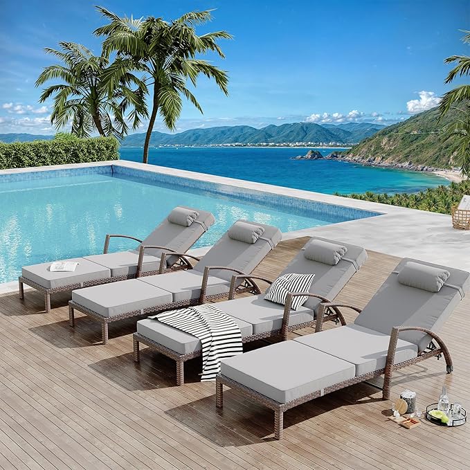 Garvee Chaise Lounge Outdoor Set of 2, PE Rattan Wicker Pool Lounge Chairs with 5-Level Adjustable Backrest - Photo 6