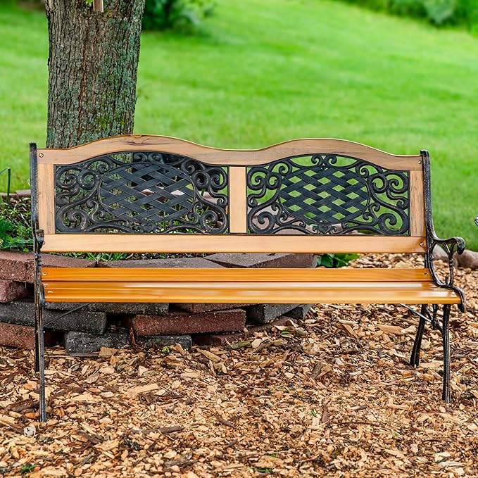 Sunnydaze 49-Inch Cast Iron and Wood 2-Person Garden Bench with Ivy Crossweave Design - 485-Pound Weight Capacity