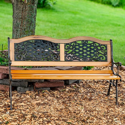 Sunnydaze 49-Inch Cast Iron and Wood 2-Person Garden Bench with Ivy Crossweave Design - 485-Pound Weight Capacity
