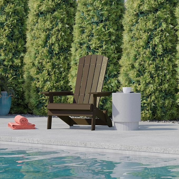 Flash Furniture Charlestown Commercial Folding Adirondack Chair - Mahogany - Poly Resin - Indoor/Outdoor - Weather Resistant