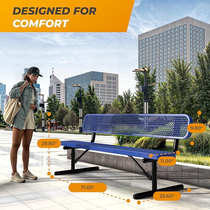 Heavy-Duty Outdoor Metal Bench, Thermoplastic-Coated, Portable, Weatherproof, Commercial-Grade for Parks, Gardens, Patios, Stores & More (6 Ft - Portable with Back, Blue)