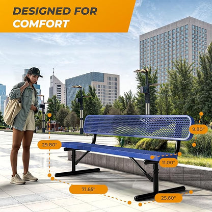 Heavy-Duty Outdoor Metal Bench, Thermoplastic-Coated, Portable, Weatherproof, Commercial-Grade for Parks, Gardens, Patios, Stores & More (6 Ft - Portable with Back, Blue)