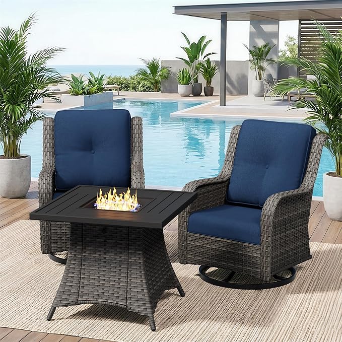3 Pieces Outdoor Wicker Patio Furniture Set with Fire Pit Table, Swivel Rocker Patio Chairs Set with Thickened Cushions, High Back and Deep Seating, Hand-Woven PE Rattan for Porch, Deck