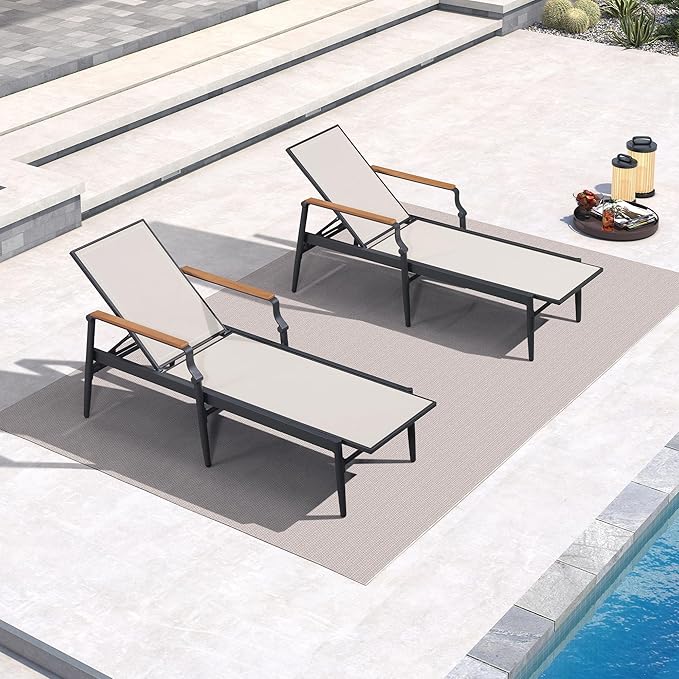 PURPLE LEAF Outdoor Chaise Lounge Chair Set of 2 Patio Pool Lounger Aluminum Chairs with Wooden Armrest Sunbathing Tanning Recliner for Outside Backyard Beige