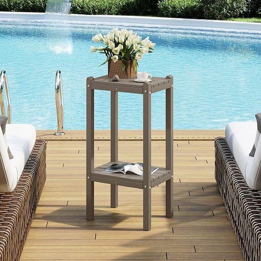 Costaelm Outdoor Side Table, 2-Tier Small Patio Coffee Tables for Outside, Outdoor End Tables for Patio, Adirondack Side Table for Outside, Outside Table for Pool, Porch, Garden, Weathered Wood