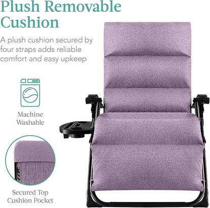 Best Choice Products Oversized Zero Gravity Chair, Folding Outdoor Patio Recliner, XL Anti Gravity Lounger w/Removable Cushion, Cup Holder, Side Tray, 350lb Capacity - Lavender