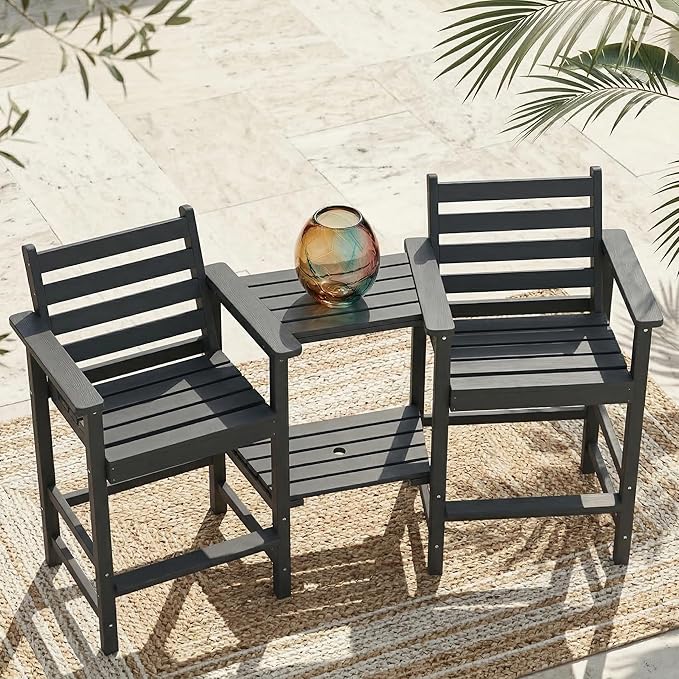 Kingdura Tall Adirondack Chairs Set of 2, Weather Resistant HDPE Bar Height Outdoor Stools with Removable Double Connecting Trays, Wooden Grain for Patio, Balcony, Deck (Grey)