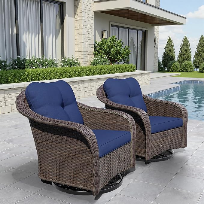 Wicker Swivel Rocking Chairs Set 2, Outdoor Brown Wicker Swivel Glider Chair Outdoor Rocking Chair with Water-Resistant Cushions, Blue