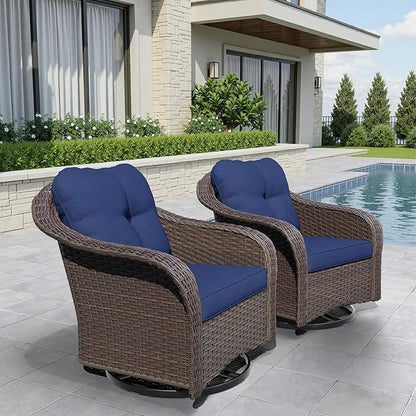 Wicker Swivel Rocking Chairs Set 2, Outdoor Brown Wicker Swivel Glider Chair Outdoor Rocking Chair with Water-Resistant Cushions, Blue