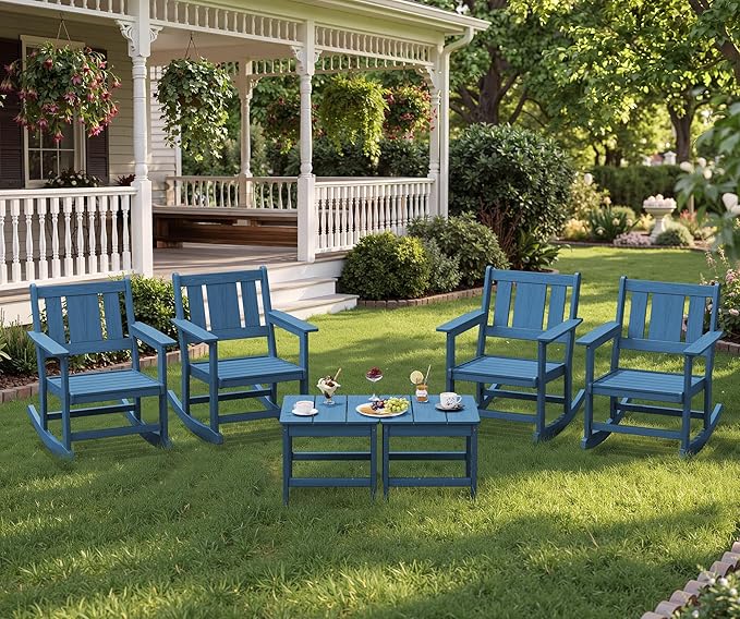 SERWALL HDPE Outdoor Rocking Chairs Set of 6, All Weather 4 Porch Rockers with 2 Side Tables - Photo 1