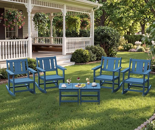 SERWALL HDPE Outdoor Rocking Chairs Set of 6, All Weather 4 Porch Rockers with 2 Side Tables, Waterproof Patio Conversation Set for Fire Pit, Garden, Backyard, Blue