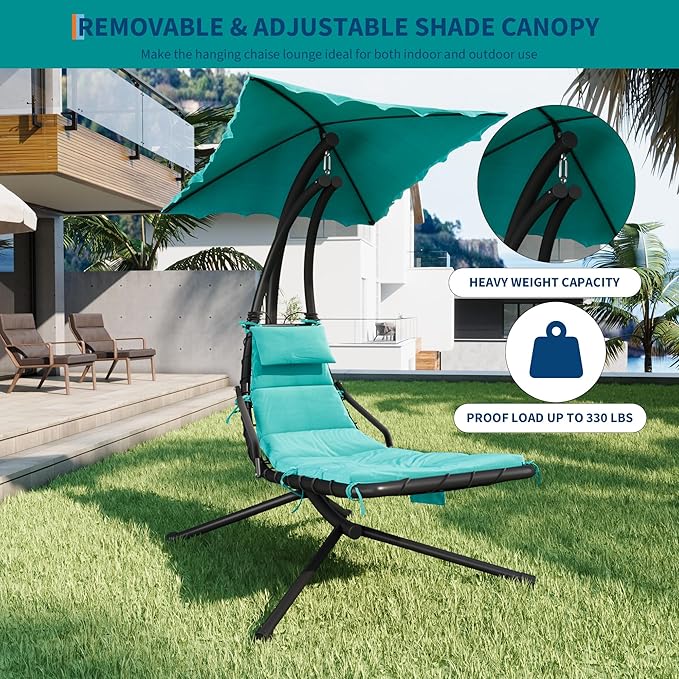 Hanging Chaise Lounge Swing Chair, Hanging Curved Chaise Lounge Chair Umbrella, Curved Steel Hammock Lounger Chairs for Outdoor Indoor Patio Pool Garden Backyard Porch