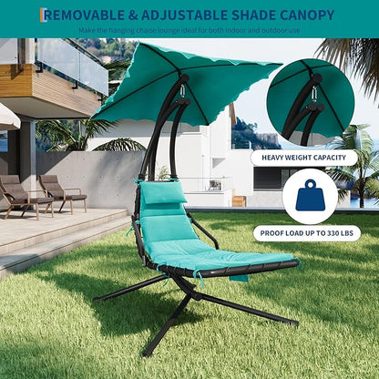 Hanging Chaise Lounge Swing Chair, Hanging Curved Chaise Lounge Chair Umbrella, Curved Steel Hammock Lounger Chairs for Outdoor Indoor Patio Pool Garden Backyard Porch
