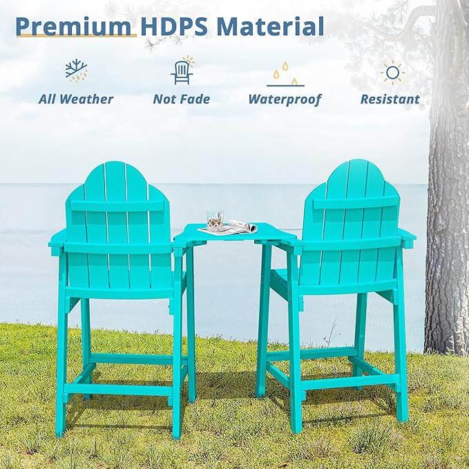 LUE BONA Tall Adirondack Chair Set of 2, All Weather HDPS Bar Height Adirondack Chair with Detachable Table & Umbrella Hole, Adirondack Barstools for Patio, Deck, Backyard & Commercial Use Aruba Blue