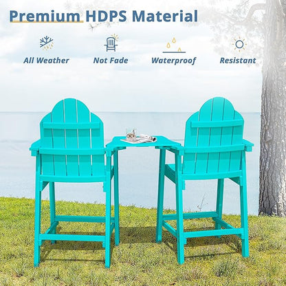 LUE BONA Tall Adirondack Chair Set of 2, All Weather HDPS Bar Height Adirondack Chair with Detachable Table & Umbrella Hole, Adirondack Barstools for Patio, Deck, Backyard & Commercial Use Aruba Blue