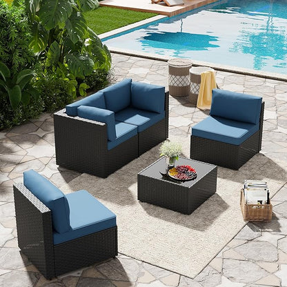 SUNLEI 5pcs Patio Furniture Sets Conversation Set, Low Back All-Weather Rattan Sectional Sofa with Tea Table&Washable Couch Cushions, Outdoor Furniture Set