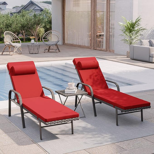 3 Pieces Patio Chaise Lounge Set Outdoor PE Rattan Armrest Lounge Chair Adjustable Backrest Reclining Chair with Folding Table and Cushion for Patio Poolside Backyard Porch Beach(Red)